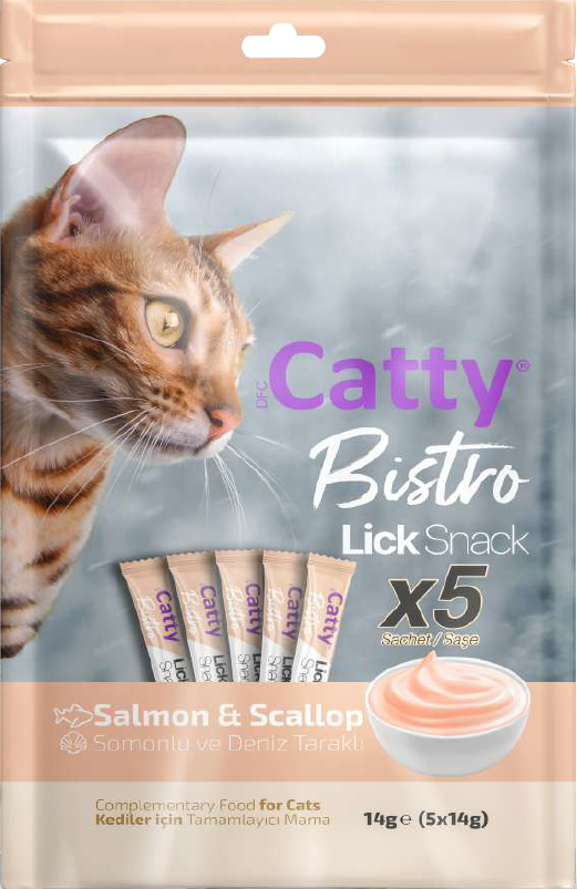 Catty Bistro Yetişkin Kedi Lick Snack Somonlu Deniz Taraklı Sıvı Ödül 5X14 Gr