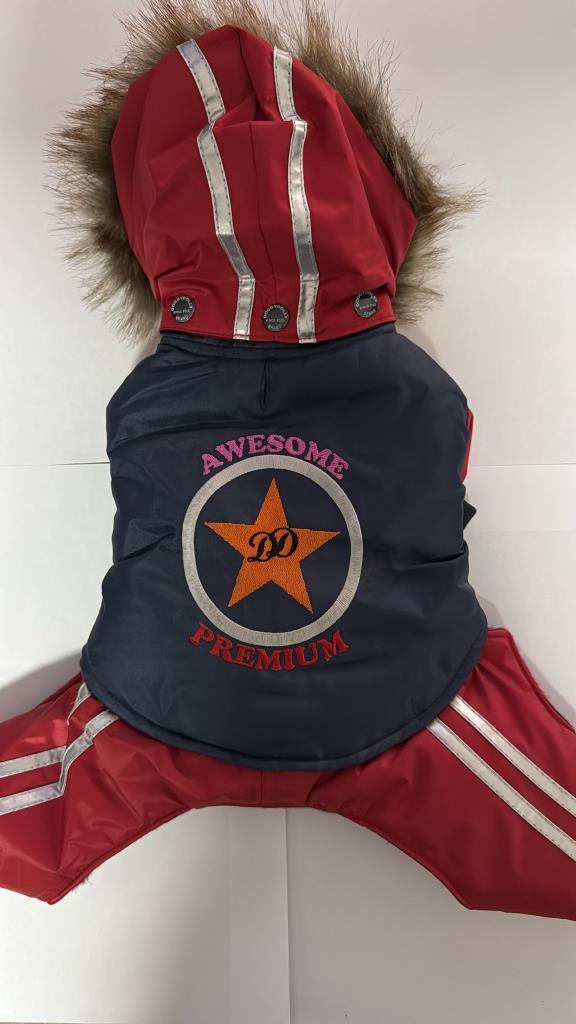 DoggyDolly Kapşonlu Mavi Kırmızı Köpek Montu Small