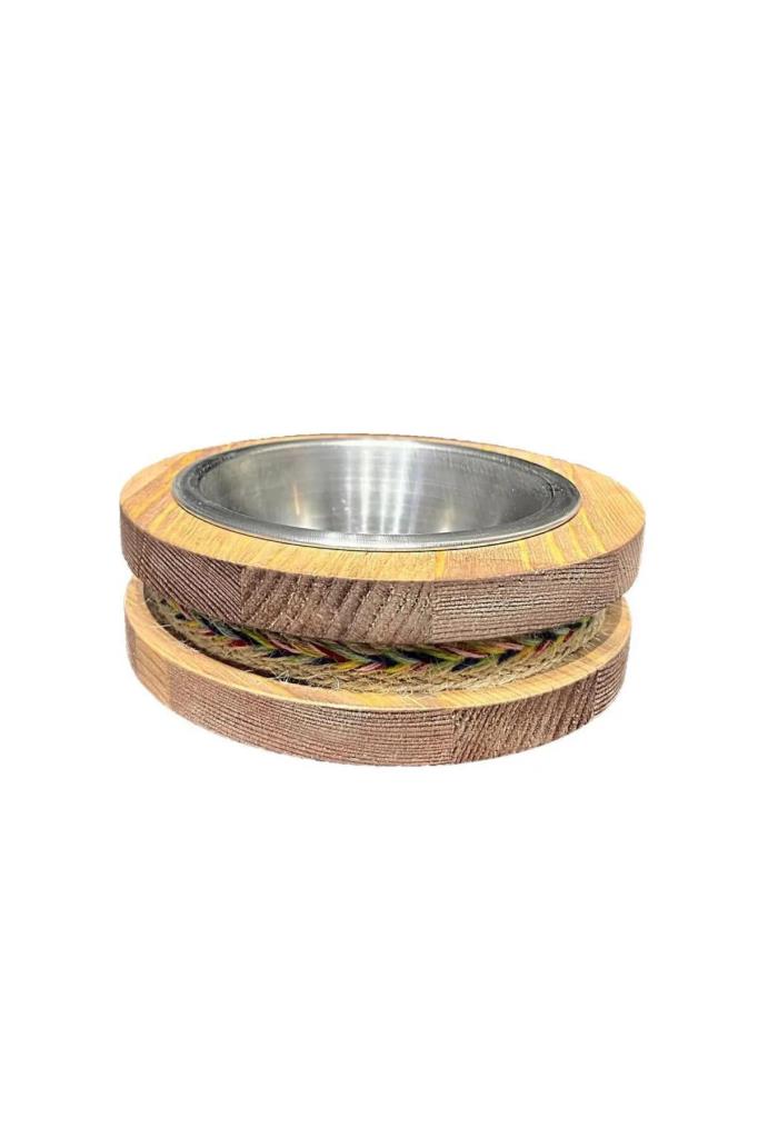 Fitline Tık Renkli Doğal Ahşap Çelik Kaseli Kaydırmaz Kedi Köpek Mama Kabı 18X18X5,4 Cm