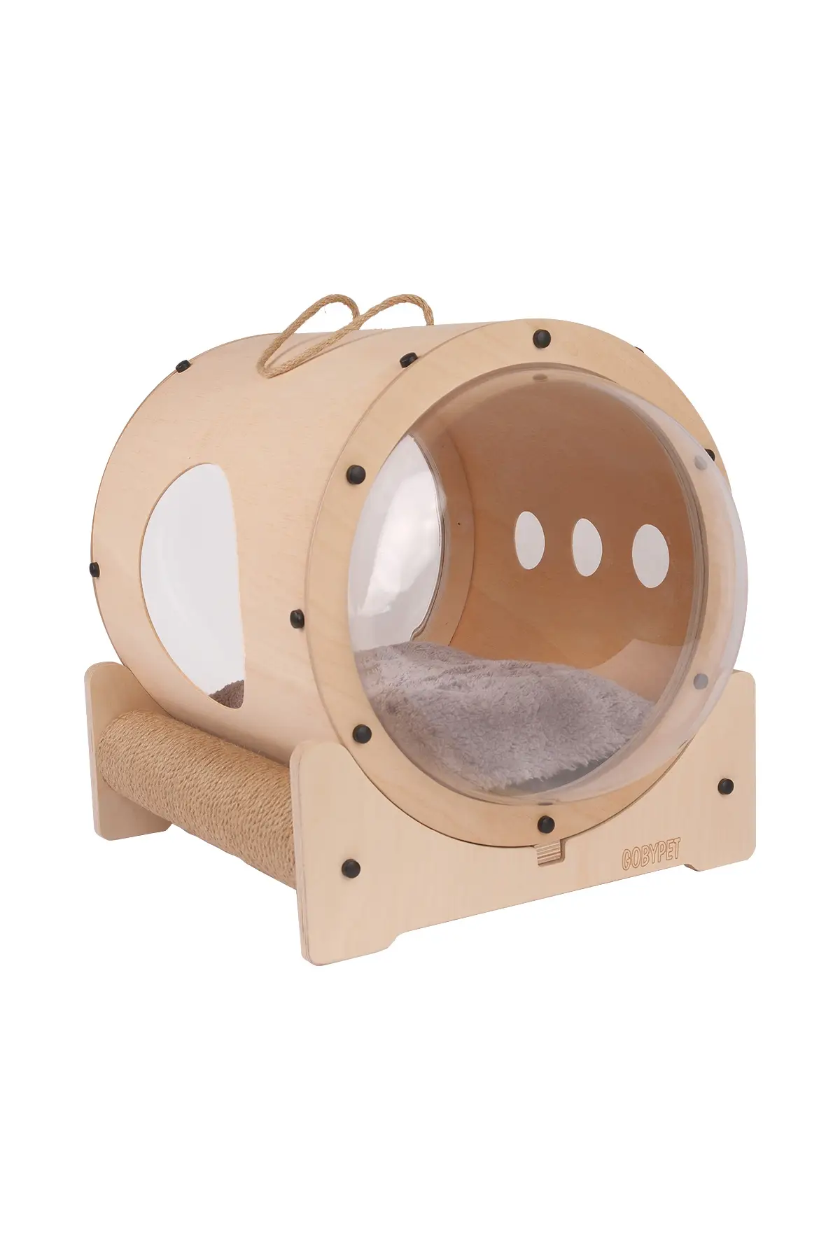 Gobypet Ahşap Uzay Kapsülü Şeklinde Yarı Kapalı Ahşap Kedi Yatağı Hediye Peluş
