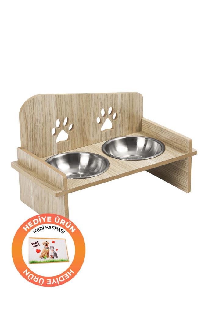 Petcanlar Ahşap Kedi Köpek İkili Mama Su Kabı 