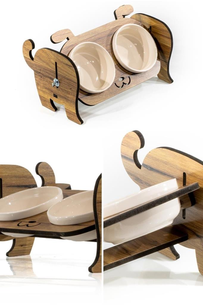 Petcanlar Ahşap Köpek Mama Seramik Su Kabı Standı,Köpekli Mama Kabı 31,5X17X23,5 Cm