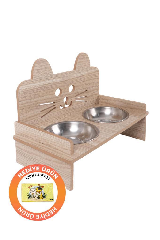 Petcanlar Ahşap Kulaklı Köpek Kedi İkili Mama Su Kabı 