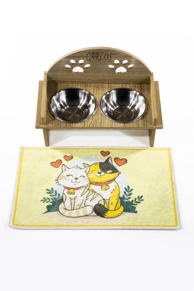 Petcanlar Ahşap Oval Kedi Köpek Mama Su Kabı Standı 31,5X17X23,5 Cm