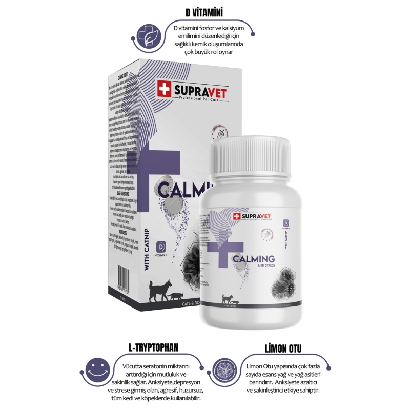 Supravet Kedi ve Köpekler için Sakinleştirici Calming Tablet + Vitamin D 75 Tablet