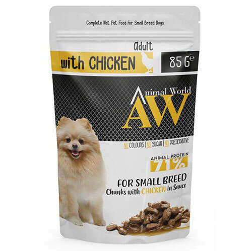 Animal World Pounch Mini Adult Soslu Parça Tavuk Göğsü Etli Küçük Irk Yetişkin Köpek Yaş Mama 85 Gr