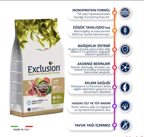 Exclusion Monoprotein Kuzulu ve Narlı Düşük Tahıllı Küçük Irk Yetişkin Köpek Maması 2 Kg