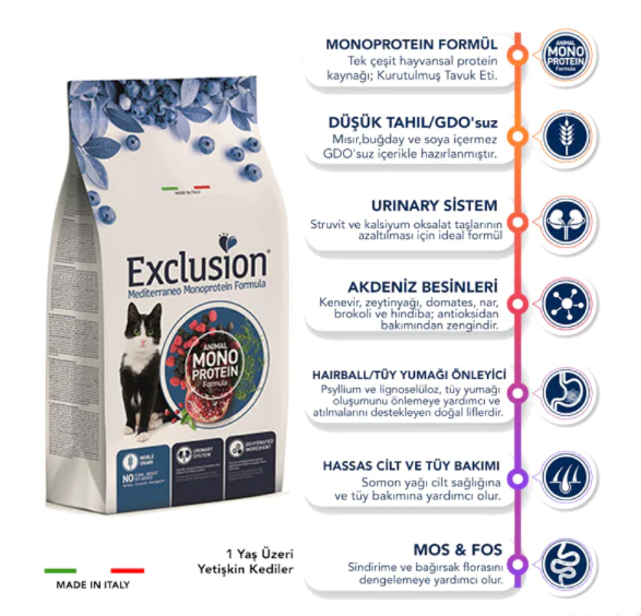 Exclusion Monoprotein Tavuklu ve Narlı Düşük Tahıllı Kısırlaştırılmış Kedi Maması 12 Kg