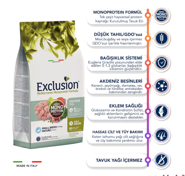 Exclusion Monoprotein Tavuklu ve Narlı Düşük Tahıllı Küçük Irk Yaşlı Köpek Maması 2 Kg