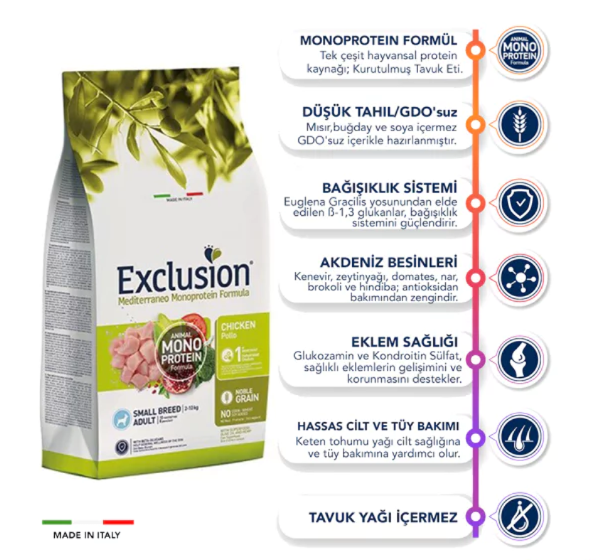 Exclusion Monoprotein Tavuklu ve Narlı Düşük Tahıllı Küçük Irk Yetişkin Köpek Maması 2 Kg