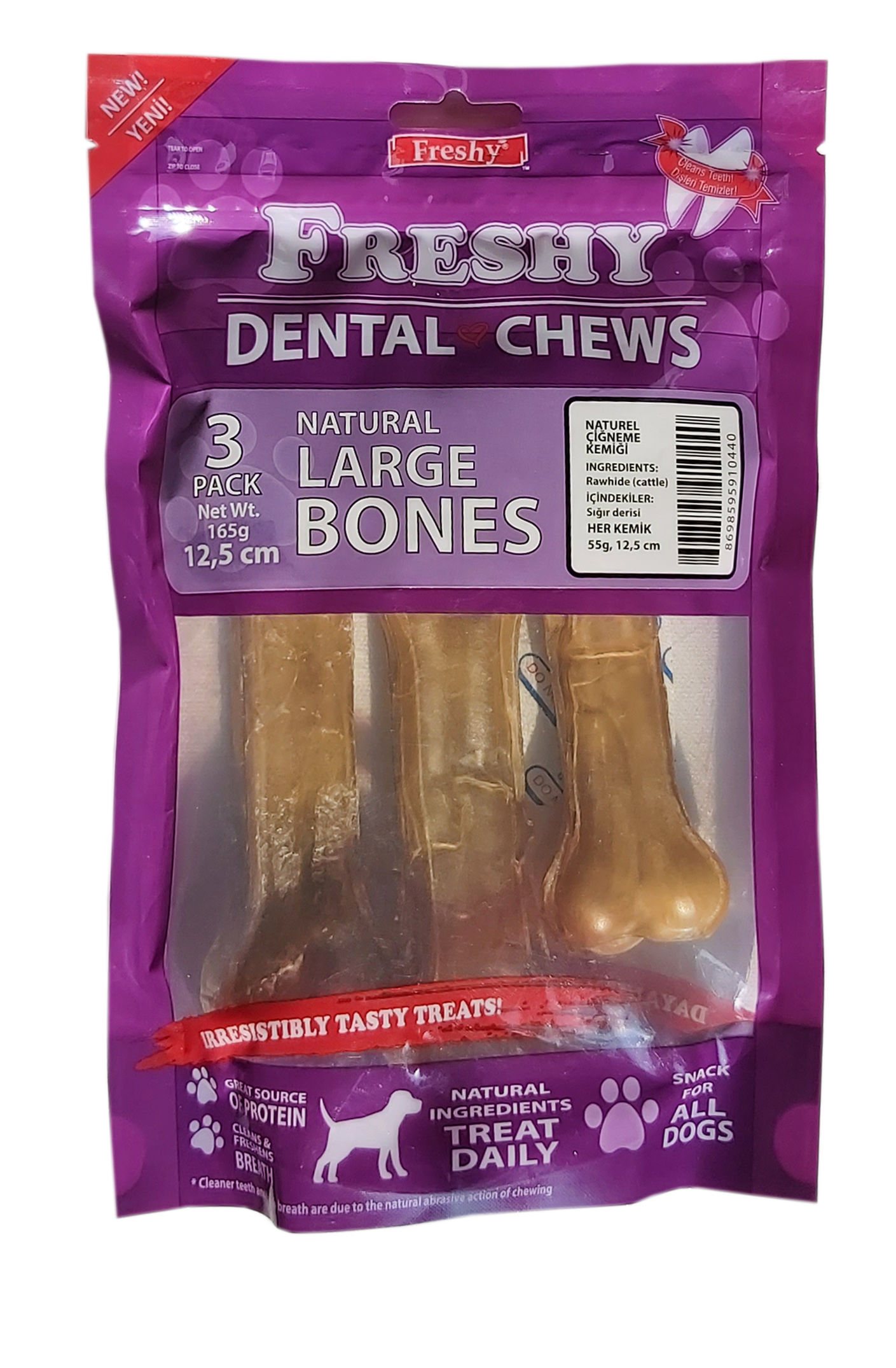 Freshy Büyük Boy Natürel Dental Kemik 12,5 santim 3'lü Paket Toplam 165 Gram