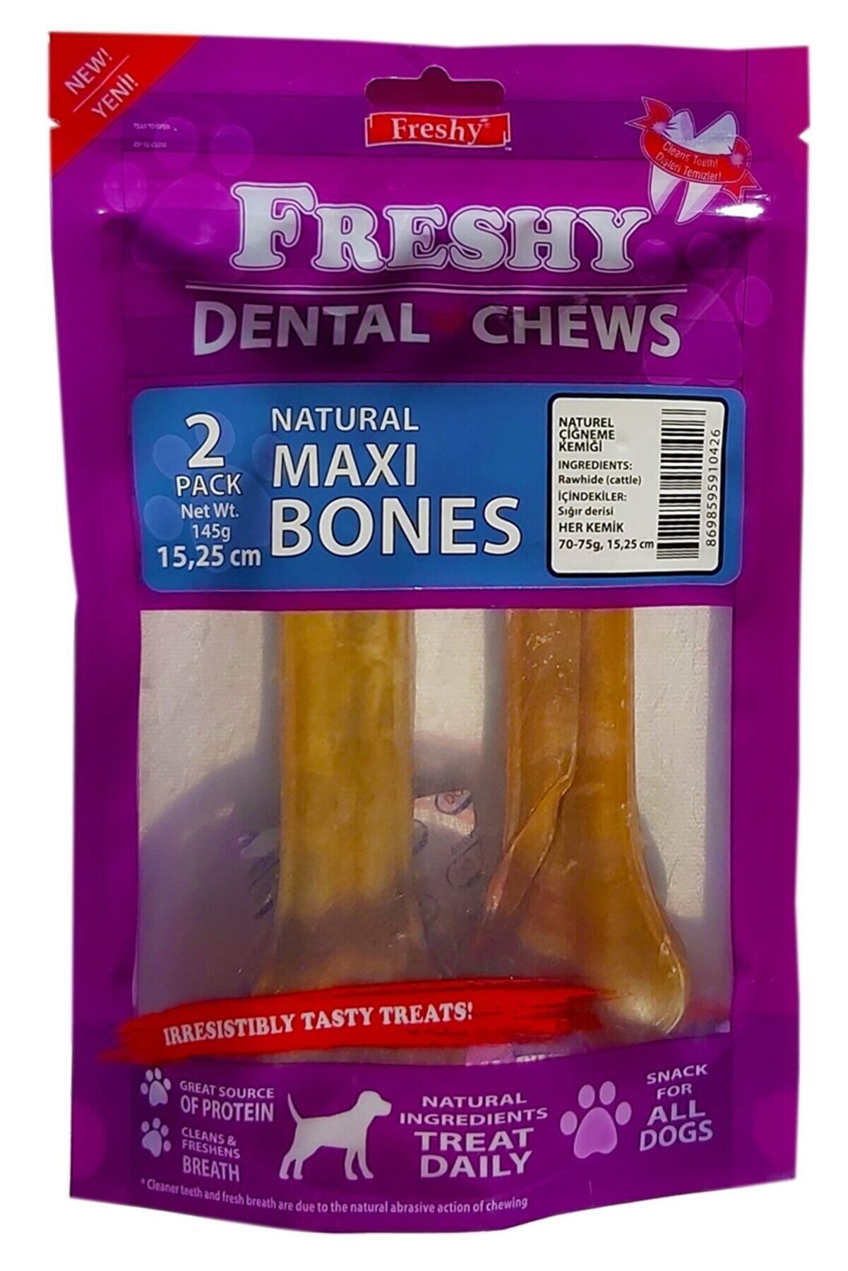 Freshy Büyük Boy Natürel Dental Kemik 15,25 santim 2'lİ Paket Toplam 145 Gram