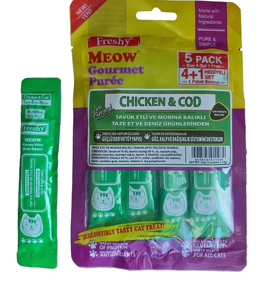 Freshy Meow Gurme Tavuklu ve Morina Balıklı Sıvı Kedi Ödülü  5'li Paket 60 Gr