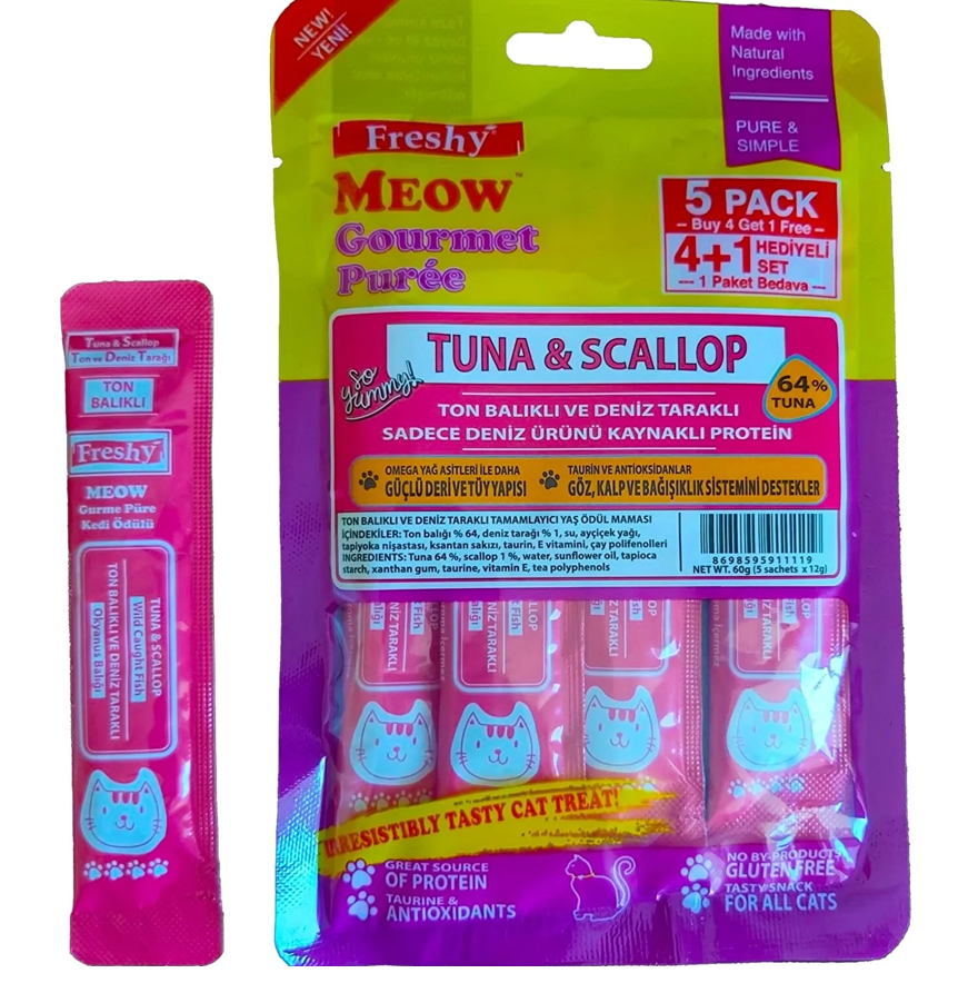 Freshy Meow Gurme Ton Balıklı ve Deniz Taraklı Sıvı Kedi Ödülü 5'li Paket 60 Gr