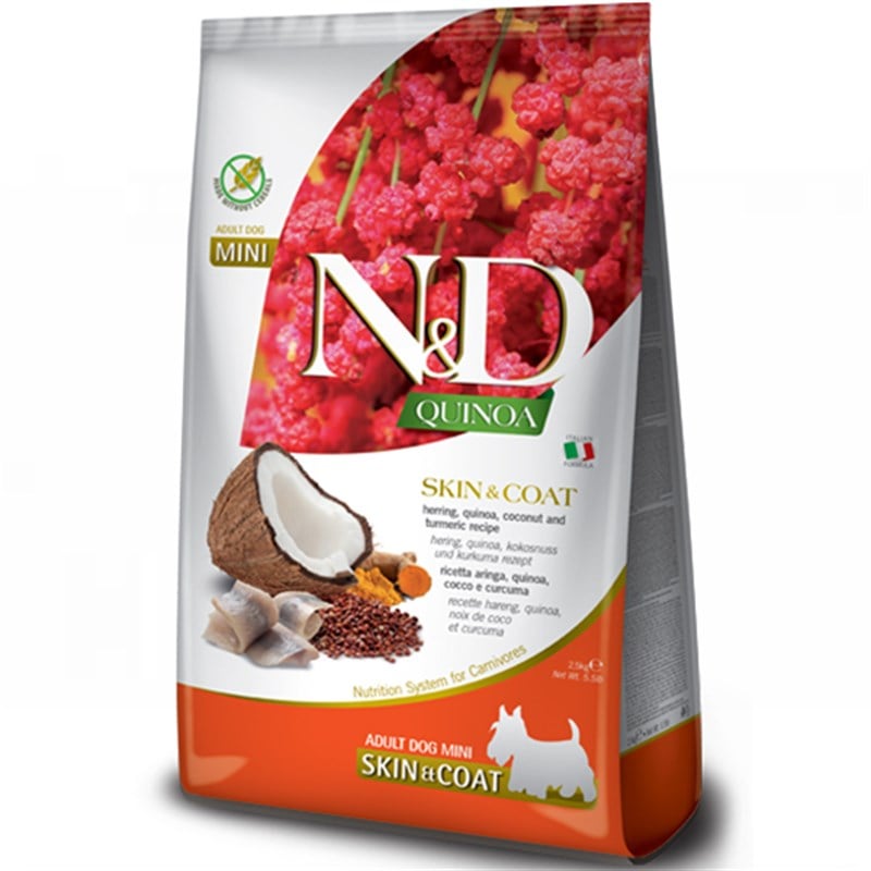 ND Quinoa Skin Coat Ringa Balıklı Mini Yetişkin Köpek Maması 2,5 Kg